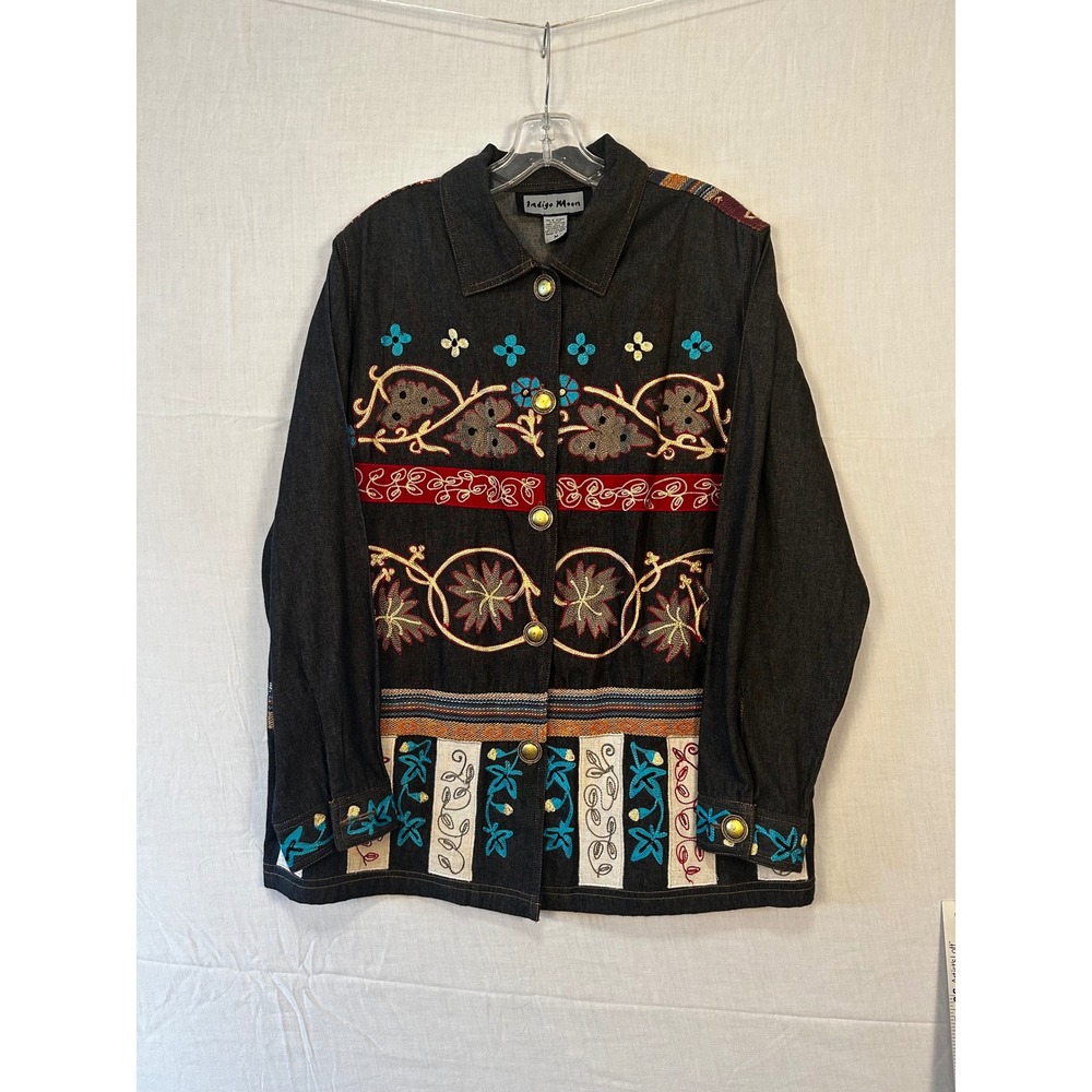 Indigo Moon Womens Embroidered Denim Jacket Dark Wash Boho Art to Wear Medium